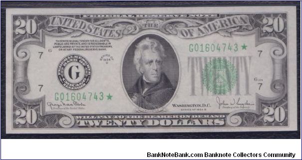 1934 D $20 CHICAGO FRN  **WIDE**

**STAR NOTE**

**PMG 58 EPQ** Banknote