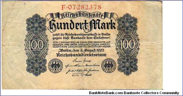 100 Mark __
pk# 75 __
04.08.1922
 Banknote