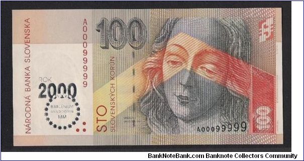 Millennium 
(Prefix A) 
Silver overprint (Madonna).Total issued 133k & A 00099999 consider solid number. Banknote