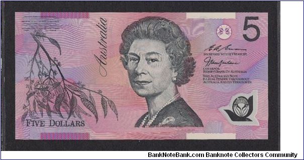 To celebrate the hand-over of Hong Kong by G.Britain to China, a total of 8,000 Macfarlane/Evans 5 Dollar notes issued with red serial numbers and prefix of HK and with folder. 
This is the 1st Australian Banknote issued specifically to commemorate an international event. Banknote
