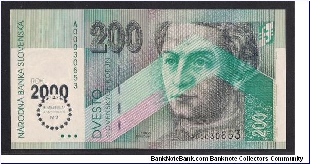 Millennium 
(Prefix A) 
Silver overprint & Total issued 108k

Anton Bernolák (1762-1813), first codified Slovak Language in 1787 Banknote