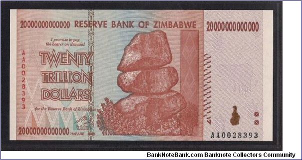 The highest Denomination notes in the world.10,20,50 & 100 Trillion.(Zimbabwe's economy has the highest rate of inflation EVER recorded in a non-war situation) Banknote