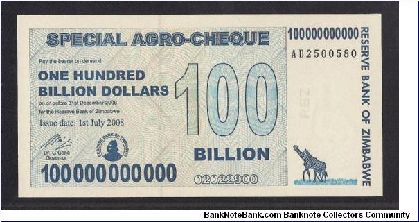 Agro Cheque 100Billion notes. Banknote