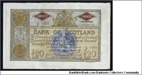P-94f Bank of Scotland 20 pounds. Date 12th September 1960.
Signatures, Lord Bilsland and Sir Wm. Watson.
pv 400 Banknote