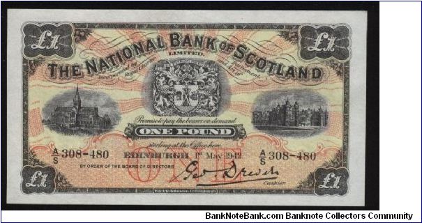 P-258a 
National Bank of Scotland. 
1 pound.
Date 1st May 1942 UNC.
Signatures, ?

pv 75 Banknote