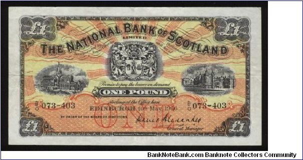 P-258c National Bank of Scotland 1 pound.
Date 10th May 1956.
Signatures, ?
pv 50 Banknote