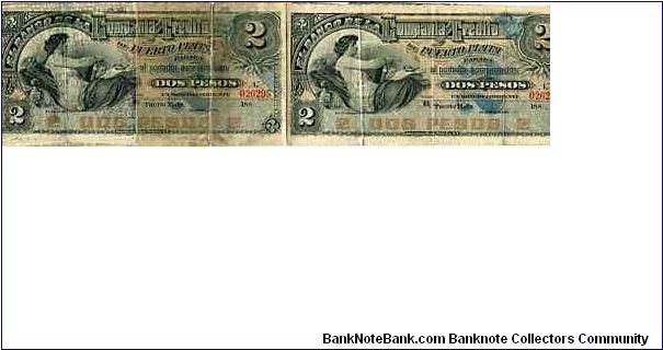 Uncut pair of 2 Pesos banknote from Banco de La Compania de Credito de Puerto Plata in the Dominican Republic from the 1880s. 
Printer: American Bank Note Company (ABNC). 
Catalog: S104; 1880_0002_S104_PP_I
Sale: $60.00 Banknote
