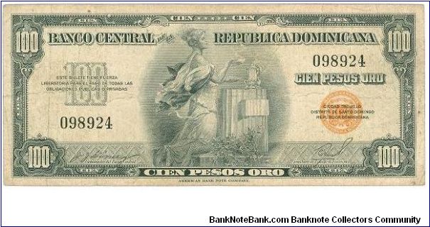 100 Pesos Banco Central ==> Emision: 1ra ==> Printer: ABNC  ===> Signatures: Lic. José Joaquín Gómez and Lic. Virgilio Álvarez Sánchez  ==> Denominations: 1954 (1, 100) ==> by: clubnumismatico.com Banknote