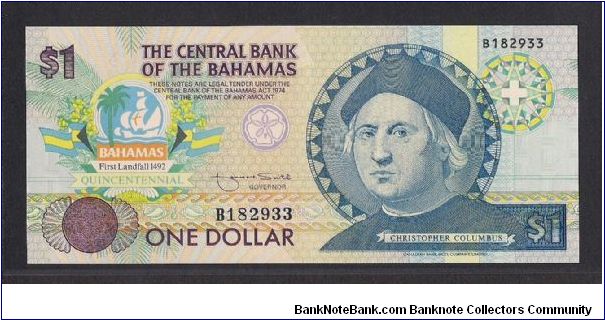 Commemorative issue of  500 years first landfall by Christopher Columbus .
Prefix B
 
P-50 Banknote