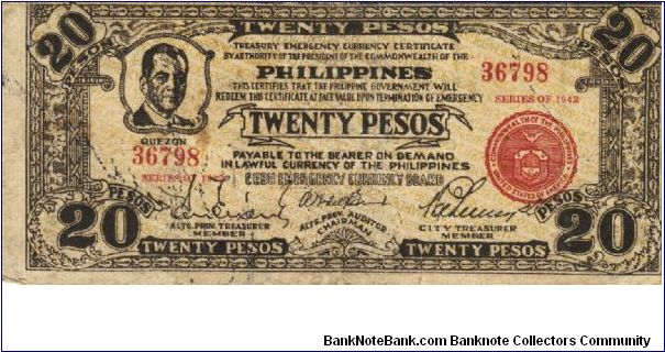 S-224a Cebu Emergency Currency Board 20 Pesos note countersigned by 3 board members. Banknote
