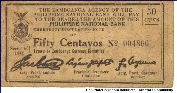 S-1182 RARE Zamboanga Agency of the Philippine National Bank 50 Centavos note. Banknote