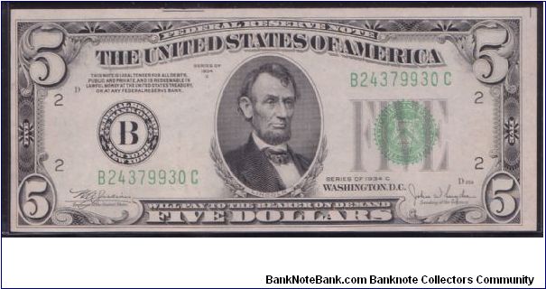 1934 C $5 NEW YORK FRN Banknote