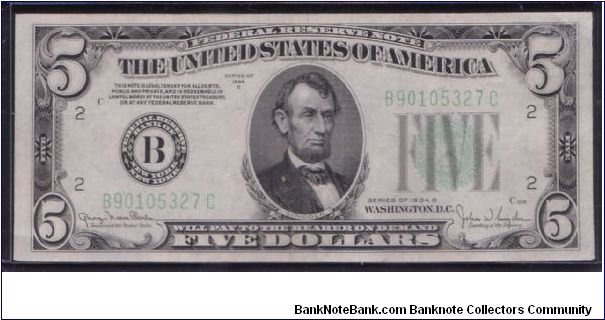 1934 D $5 NEW YORK FRN Banknote