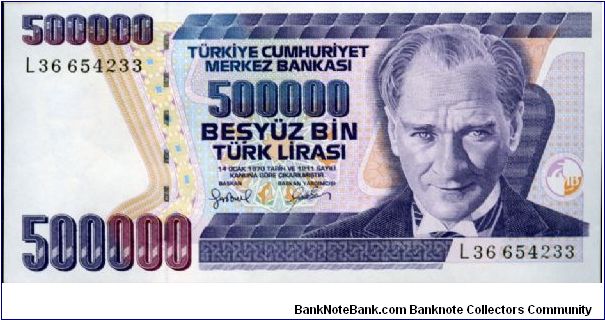 1970-93
500000 Lirasi
Purple/Blue/Brown/Yellow
President Kemil Atatürk
Aerial view of Canakkale Martyrs monument
Security thread
Wtrmk Kemil Atatürk Banknote