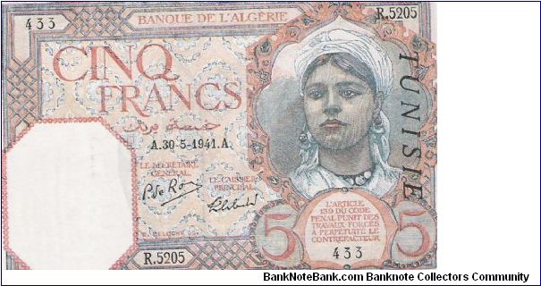 Tunisia Ovpt. Algeria 5 Francs Banknote