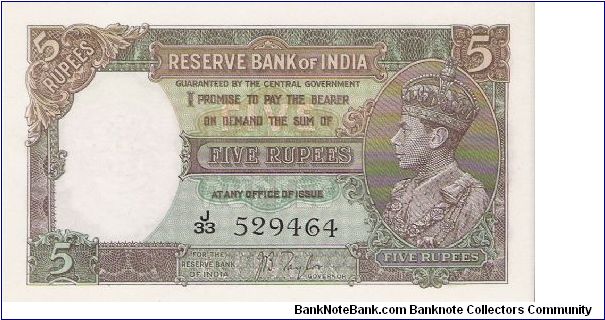 Rupees 5 British India Banknote King George VIth, Signature-J.B.Taylor Banknote