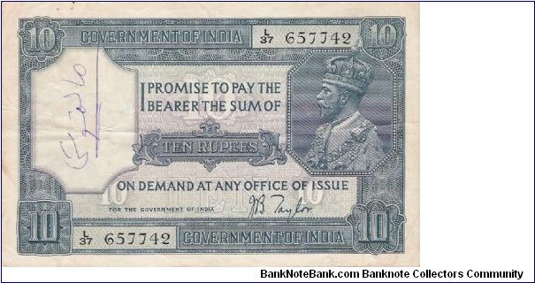 Rupees 10 British India, King George Vth, Rare Banknote. Banknote