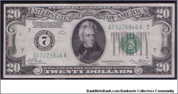 1928 $20 CHICAGO FRN

**NUMERAL NOTE**

**DARK GREEN SEAL** Banknote