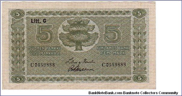 5 markkaa Litt.C 

This note is made 04.07.-11.07. 1931

Banknote size 120 X 68mm (inch 4,724 X 2,67)

	
This money has been made of 10,000,000 pieces Banknote