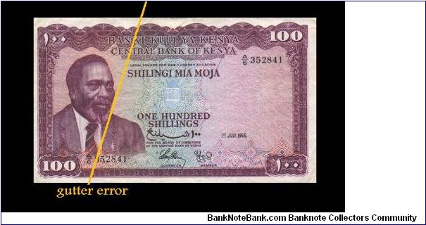 100 shillings 
extreamly rare 
first issue 
w/gutter error on both sides 
if u are a potential buyer email me and ill send you a photo of the actual note Banknote