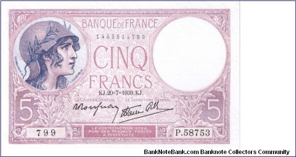 FRENCH 5F Banknote