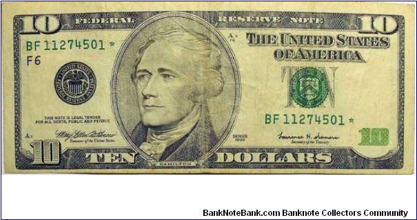 Ten Dollars. Ser. #BF11274501* Banknote