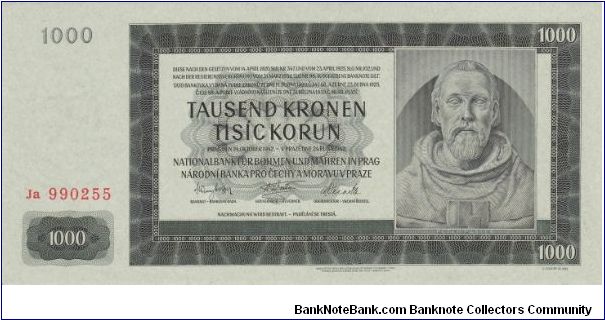 Bohemia and Moravia 1000 Korun (Multicolor guilloche) Ja 990255 Banknote