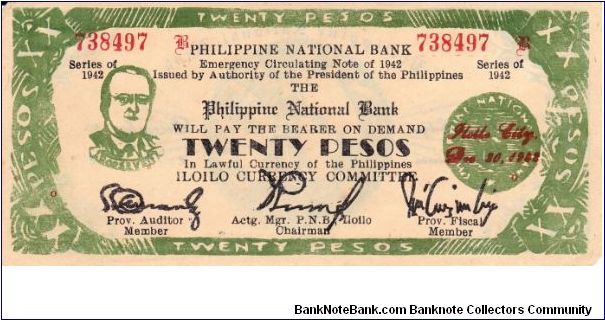 Emergency & Guerrilla Currency

Iloilo: 20 Pesos (Emergency note issue, 2nd series) Banknote