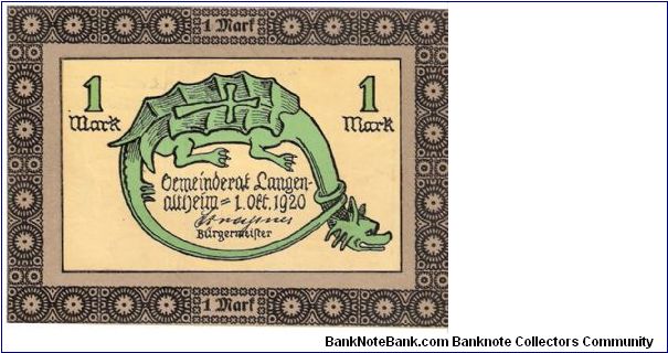 Notgeld (Lagenaltheim); 1 mark; October 1, 1920

Part of the Dragon Collection! Banknote