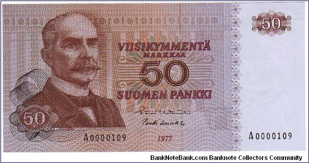 50 markkaa serie A

Rare (small serial number)

Banknote size 142 X 69mm (inch 5,591 X 2,72)

Made of 10.000.000 pieces

This note is made of 1977 Banknote