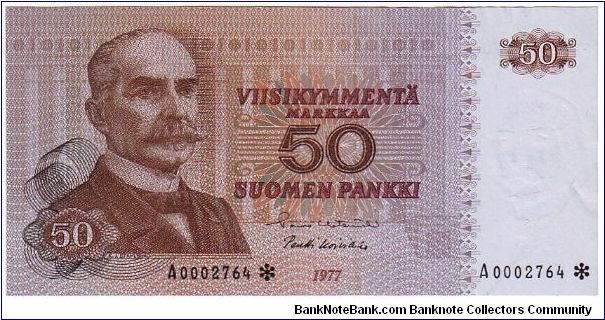 50 Markkaa Serie A

The replacement of banknotes (asterisk)
moderately low serial number

Banknote size 142 X 69mm (inch 5,59 X 2,72)

Made of 96,000 pieces

This note is made of 1978 Banknote