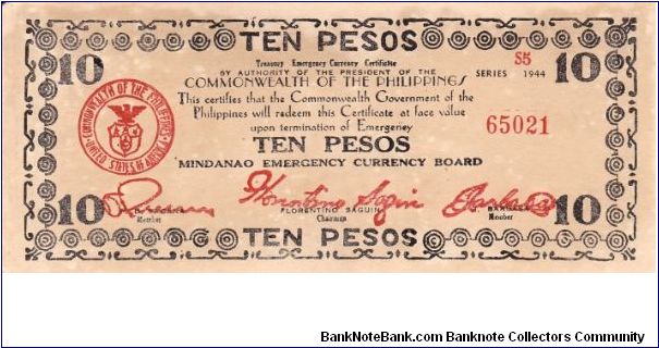 Emergency & Guerrilla Currency

Mindanao: 10 Pesos (Treasury Emergency Certificate issue) Banknote