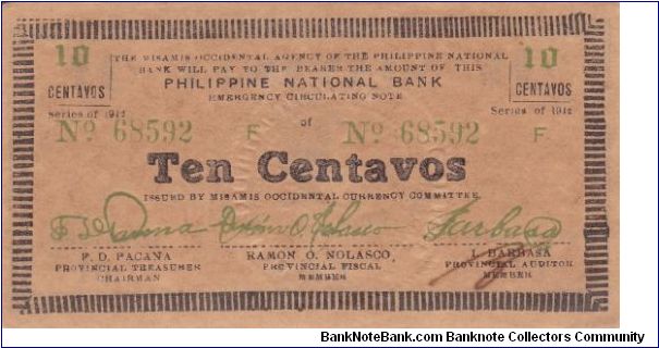 Emergency & Guerrilla Currency

Misamis Occidental: 10 Centavos (2nd Emergency Note issue) Banknote