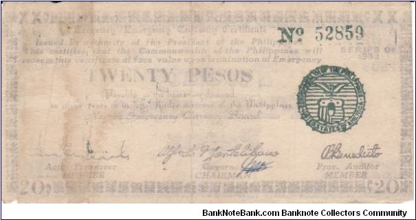Emergency & Guerrilla Currency

Negros Island: 20 Pesos (Treasury Emergency Certificate issue) Banknote