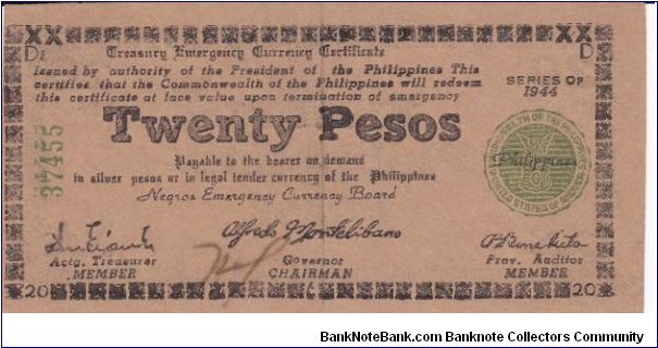 Emergency & Guerrilla Currency

Negros Island: 20 Pesos (Treasury Emergency Certificate issue) Banknote