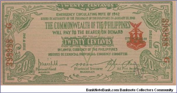 Emergency & Guerrilla Currency

Negros Occidental: 20 Centavos (Emergency Note issue) Banknote