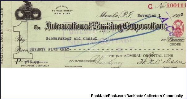 Great Philippine check from Manila with imprinted 2 cent revenue stamp. Banknote