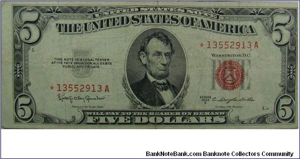 $5 United States Note  1953C
Granahan/Dillon Star Note Banknote