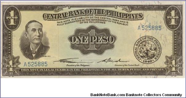 PI-133a RARE Central Bank of the Philippines 1 Peso English Series note with signature group 1 and GENUINE at top. Banknote