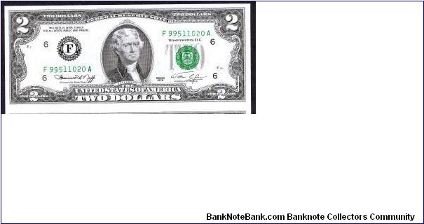 2 US dollars issued in 1976 green seal Banknote