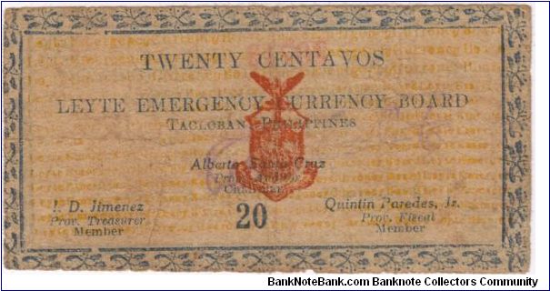 S-393 Leyte Emergency Currency Board 20 Centavos note. Banknote