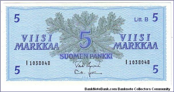 5 Markkaa Serie I

The replacement note i-series (without the stars)

Banknote size 142 X 69mm (inch 5,59 X 2,72)

This note is made of 1982 Banknote