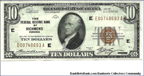 1929 - $10 Federal Reserve Bank Note - Richmond FRB - XF - FR 1860-E. Population 1.36 million. Banknote