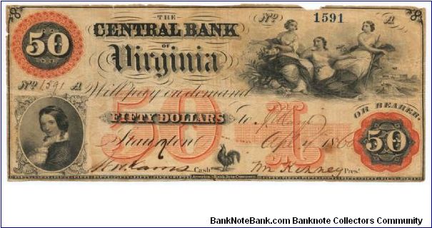 1860 Central Bank of Virginia $50 Banknote