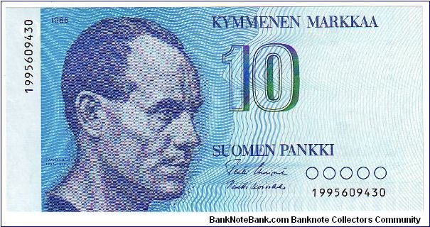 10 Markkaa 

The replacement of banknotes (199...)

Banknote size 142 X 69mm (inch 5,59 X 2,72)

This note is made of 1987 Banknote