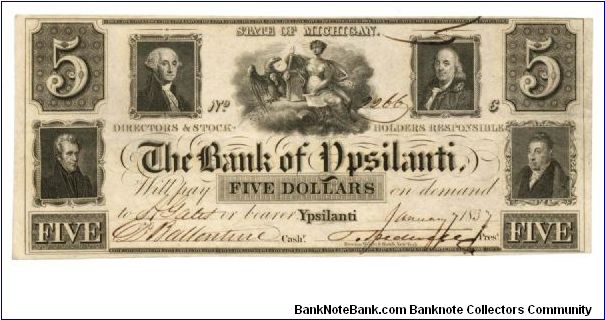 1837 Bank of Ypsilanti $5 Banknote