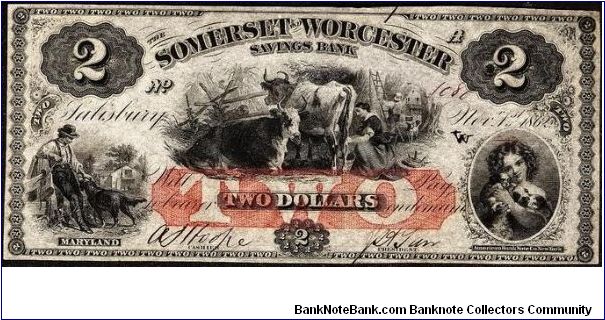 1862 $2 Somerset and Worcester Savings Bank Obsolete Note hailing from Salisbury, Maryland. Pre-dated the first of November. Hand numbered serial # 1080 and hand signed. Two small pinholes are noticed with a POC (Punch Out Cancel). Banknote