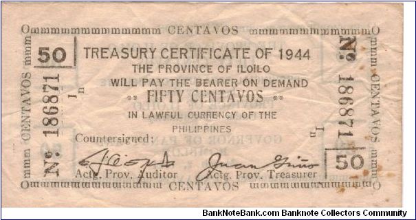 S-335 Iloilo 50 Centavo Treasury Certificate. Banknote