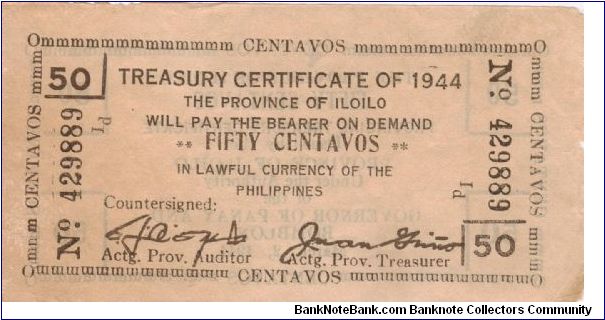 S-335 Iloilo 50 Centavo Treasury Certificate. Banknote