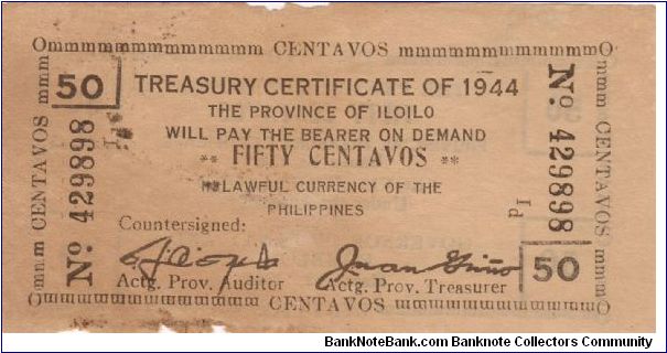 S-335 Iloilo 50 Centavo Treasury Ceertificate. Banknote